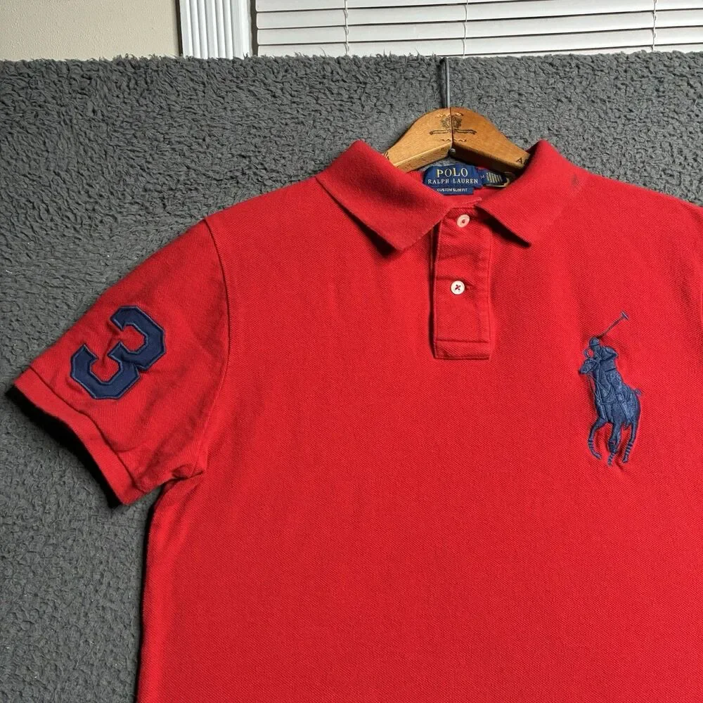 Polo Ralph Lauren Men Custom Slim Fit Polo Shirt Big Pony Logo Medium Red S/S